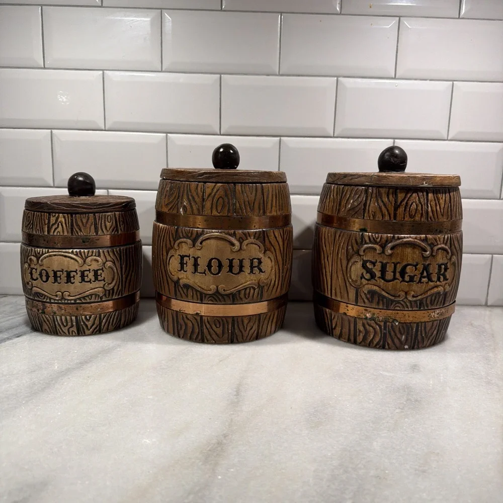 Set of 3 Vtg MCM Treasure Craft Ceramic Canister Barrel Flour Sugar Tea Coffee 9
